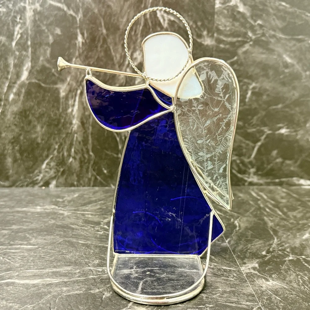 Stained Glass Angel Playing Horn Tea Light Candle Holder